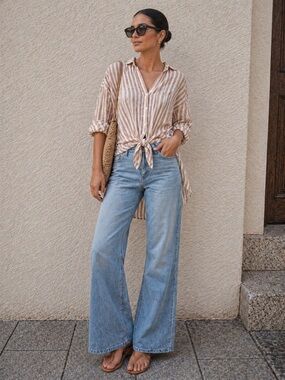 Casual Striped Tie-Front Button-Down Shirt - Cream & Tan